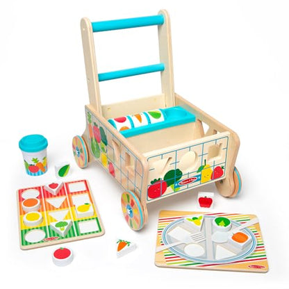 Melissa & Doug Wooden Shape Sorting Grocery Cart - Toddler Toys with 12 Blocks, Puzzle Board and Coffee Cup for Pretend Play and Montessori Toys - FSC