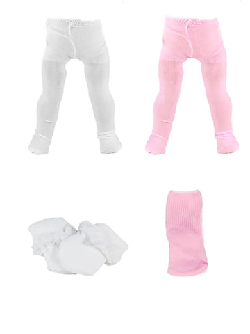 American Fashion World 4-Piece Tights and Socks Set for 18 Inch Dolls - White & Pink Tights with Matching Socks
