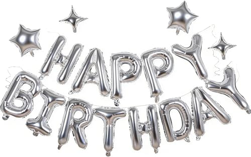 Silver Happy Birthday Banner Balloon Aluminum Foil 16 Inch Letter,10 Inch Five Pointed Star Four Pointed Star Suitable for Kids, Men, Women, Boys