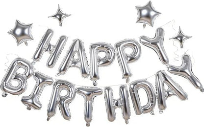 Silver Happy Birthday Banner Balloon Aluminum Foil 16 Inch Letter,10 Inch Five Pointed Star Four Pointed Star Suitable for Kids, Men, Women, Boys