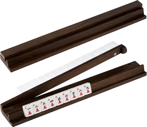 MUTEX American Walnut Wood Mahjong Racks with Pushers, 4pcs Mahjong Racks Set for Mahjong/Mexican Train/Dominoes, Elegant Wooden Mahjong Tiles Racks