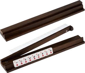 MUTEX American Walnut Wood Mahjong Racks with Pushers, 4pcs Mahjong Racks Set for Mahjong/Mexican Train/Dominoes, Elegant Wooden Mahjong Tiles Racks