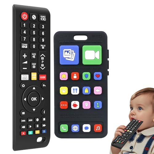SLUQQHDU Baby Silicone Teething Toys for Babies 0-6 Months,Phone and Remote Teether Toys for Toddlers 6-12 Months,2 Pack Teether Toys Sensory Toys