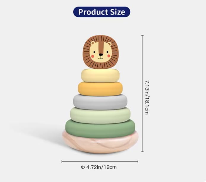 Miss OT Wooden Ring Stacker Toy for 1 Year Old - Montessori Toys for 1 Year Old Boy and Girl, Stacking Rings with Lion Topper, Baby Toy 12-18 Months