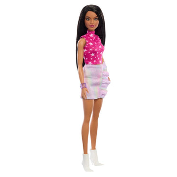 Barbie Fashionistas Doll #215 with Black Straight Hair, Pink Star-Print Top & Iridescent Skirt, 65th Anniversary Collectible Toy