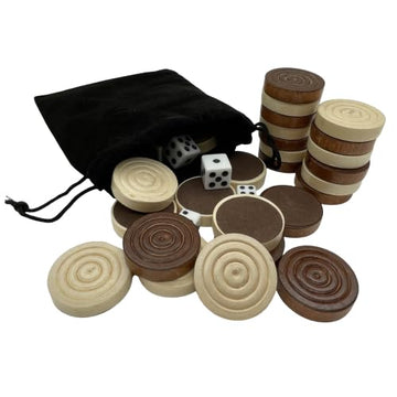 30 Pieces Wooden Backgammon Checkers Replacement set Checker Board Games Playing Game Chips with 5 Dice , High quality come with Drawstring Storage