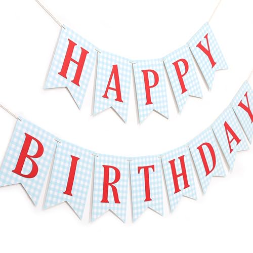 Blue and red Happy Birthday Banner - Happy 1st Birthday decorations, Blue Gingham with Red Letters Happy Birthday Banner