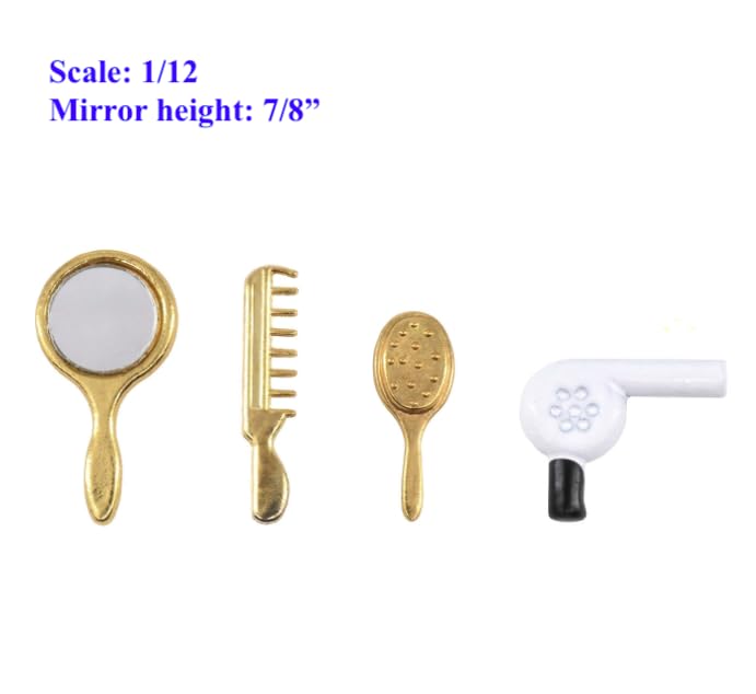 AirAds Dollhouse Accessories 1:12 Scale Dollhouse Bathroom Comb Mirror Hair Dryer Brush (Set 4)