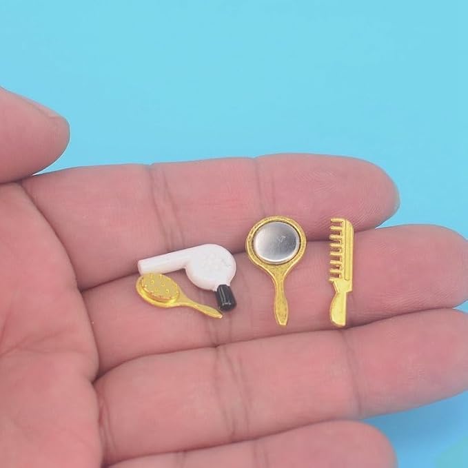 4Pcs Miniature Comb Hair Dryer Mirror Makeup Set /12 Dollhouse Decorations Hair Dryer Dollhouse Mirror Miniature Bathroom Accessory Furniture
