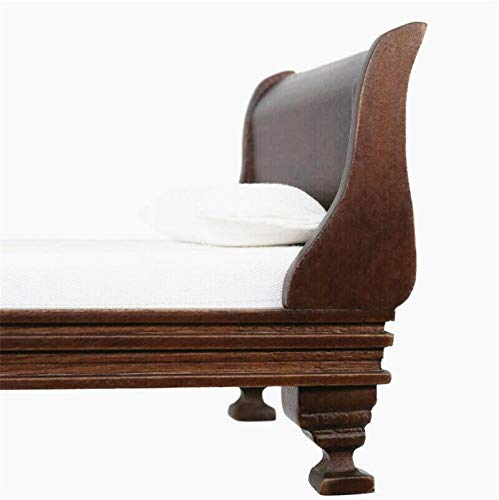 EatingBiting 1:12 Scale Collectible Buildings Miniature Bed Furniture Noble Wooden Single European Style Bed with Bedding and Decorative Pillow