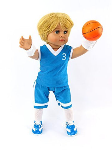 American Fashion World Boy’s Blue Basketball Uniform for 18-Inch Dolls | Accessories Included | Premium Quality & Trendy Design | Dolls Clothes |