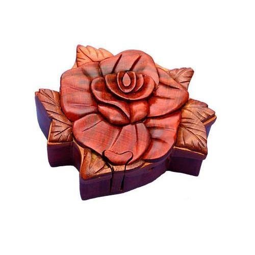 Rose, Handcrafted Wooden Puzzle Box with Secret Compartment, All-Natural Intarsia Wood Art