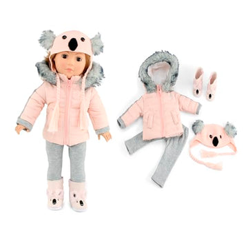18 Inch Doll Winter Clothes Set - 4PC Koala Snow Jacket Coat Outfit with Matching Hat & Boots Compatible with American Girl, Our Generation, My Life