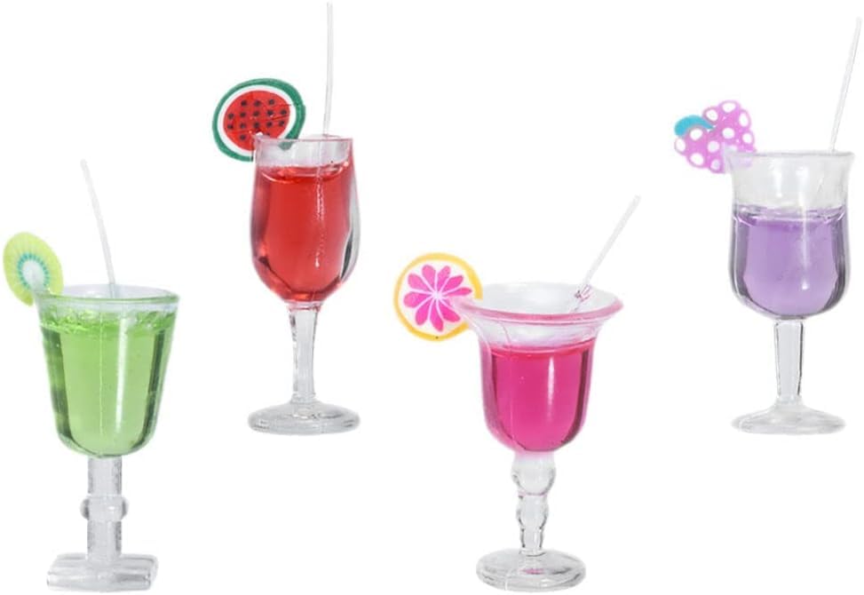 4 Pcs Miniature Dollhouse Juice and Wine Bottle Set - Resin Cocktail Cups and Beverage Bottles, Simulated Drink Models for Dollhouse Kitchen Decor