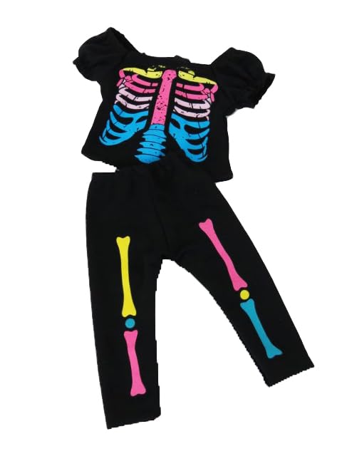 American Fashion World Electric Neon Skeleton Halloween Costume for 18-inch Dolls| Premium Quality & Trendy Design | Dolls Clothes | Outfit Fashions