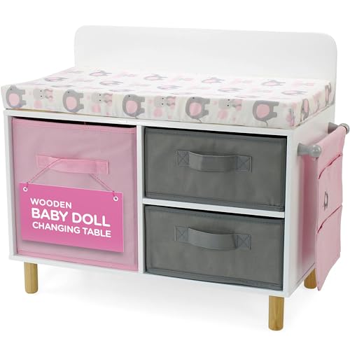 Emily Rose 14-19 Inch Baby Doll Nursery Furniture Changing Table - Elephant Theme with Large Storage Bins, Accessories Pouch & Thick Pad - Doll NOT