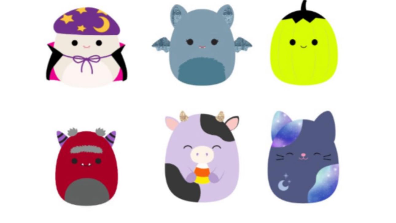 Squishmallow 5 Inch 2024 Halloween Squad A - Set of 6 (Mushroom, Cow, Cat, Monster, Pumpkin, Bat)