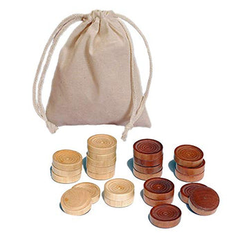 WE Games Wood Backgammon Chips with Cloth Pouch - Brown & Natural 1.125 in. Diameter - Set of 30