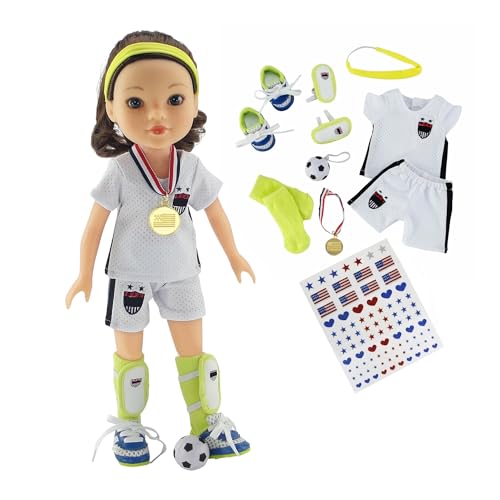 Emily Rose 14 Inch Doll Soccer Uniform 9-PC Set | Doll Clothes Sports Outfit with Socks Shin Guards Cleats Ball Headband Medal & Patriotic Face