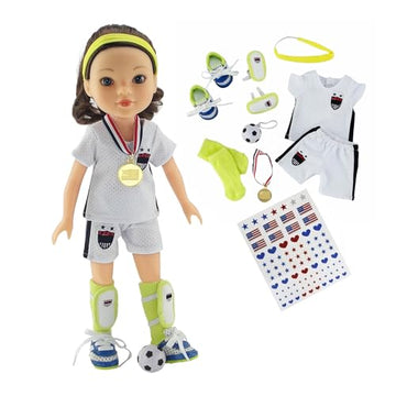 Emily Rose 14 Inch Doll Soccer Uniform 9-PC Set | Doll Clothes Sports Outfit with Socks Shin Guards Cleats Ball Headband Medal & Patriotic Face