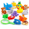 15 PCS Ocean Animals Rubber Bath Toy Water Squirters with Floating Bathtub Squeeze and Play Soft Sea Creatures anf Fishing Net for Baby, Toddlers