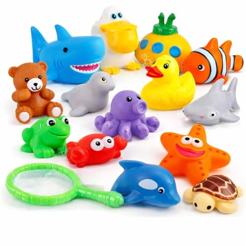 15 PCS Ocean Animals Rubber Bath Toy Water Squirters with Floating Bathtub Squeeze and Play Soft Sea Creatures anf Fishing Net for Baby, Toddlers
