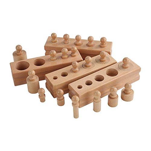 Adena Montessori Wooden Small Cylinders Block, Knobbed Cylinder Socket, Sensorial Educational Tools Preschool Early Learning Toys for Kids, Set of 4