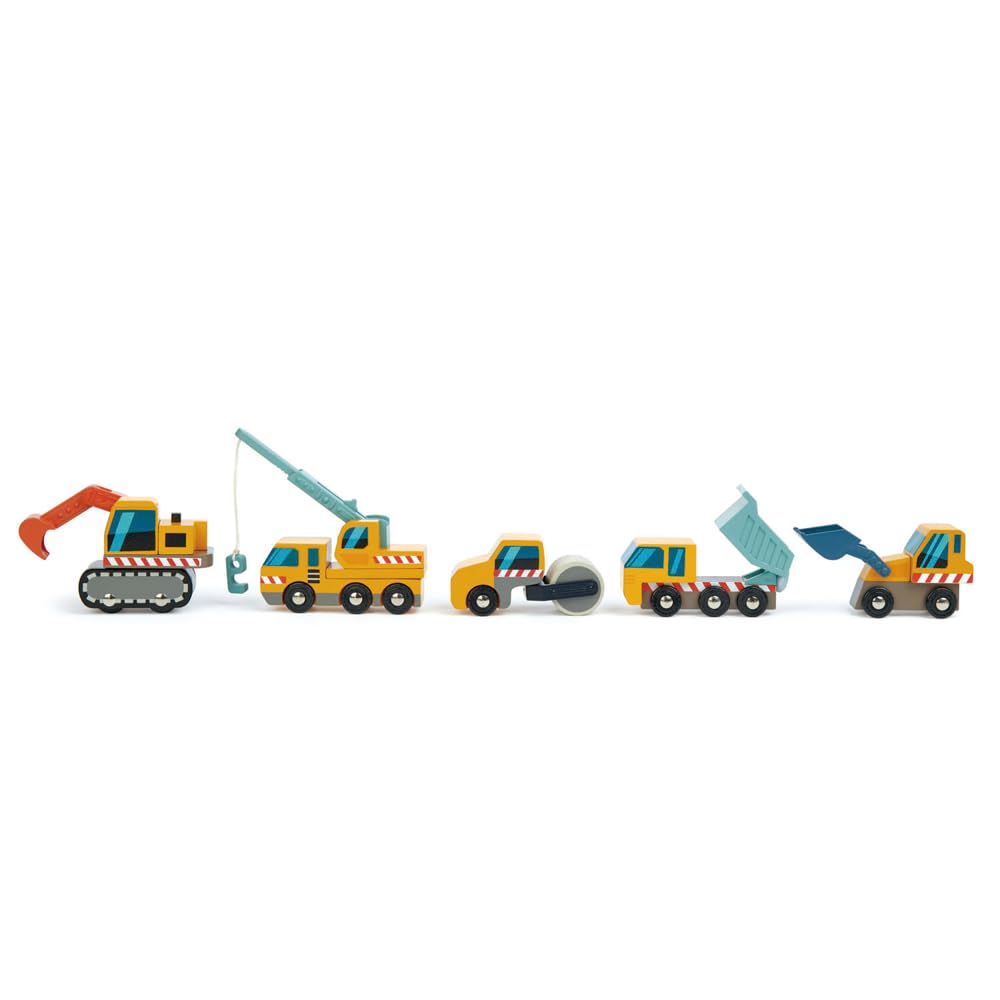Tender Leaf Toys - Construction Site - Four Heavy Vehicles with Crane Truck, Road Roller, Dump Truck and Front Loader - Build Your Own Construction