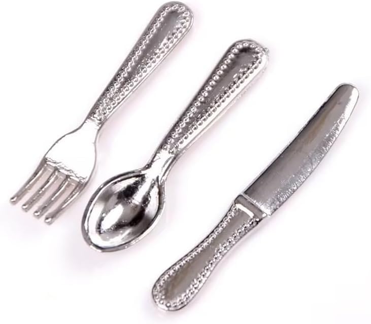 12-Piece 1/12 Scale Silver Miniature Cutlery Set - Stainless Steel Dollhouse Accessories for Cupcake Decorations and Model Displays (0.8" Tiny