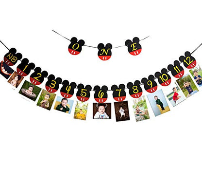 CHuangQi Mouse Themed Birthday Party Photo Banner & “ONE” High Chair Banner, NB to 12 Month Photo Banner, 1st Birthday Supplies, Baby Shower