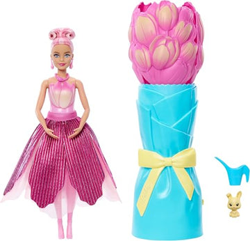 Barbie Petal Pop Scented Doll with Pink Tulip Dress & Accessories, Bouquet Reveal with Pet Bunny & Surprises Like Watering Can, Necklace & Earrings