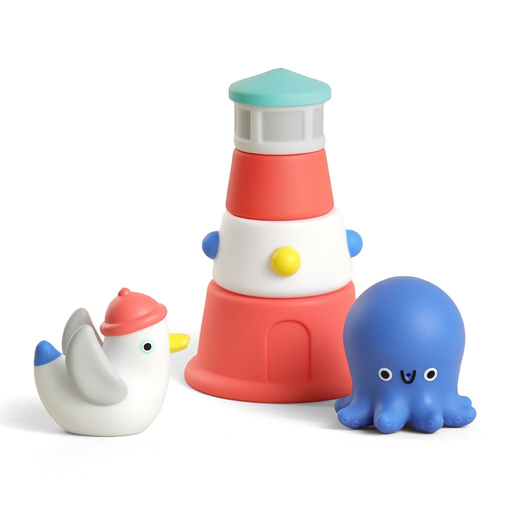 Itzy Ritzy Stack & Squirt Bath Toy Set for Babies and Toddlers - Includes Stackable Lighthouse and Water-Squirting Seagull & Octopus - Perfect