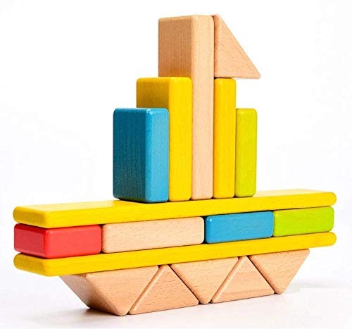 moderngenic 'Wonderland' Wooden Geometrical Building Blocks, 32 Piece Large Geometrical Rainbow Stacker, Stacking & Nesting Construction Toys