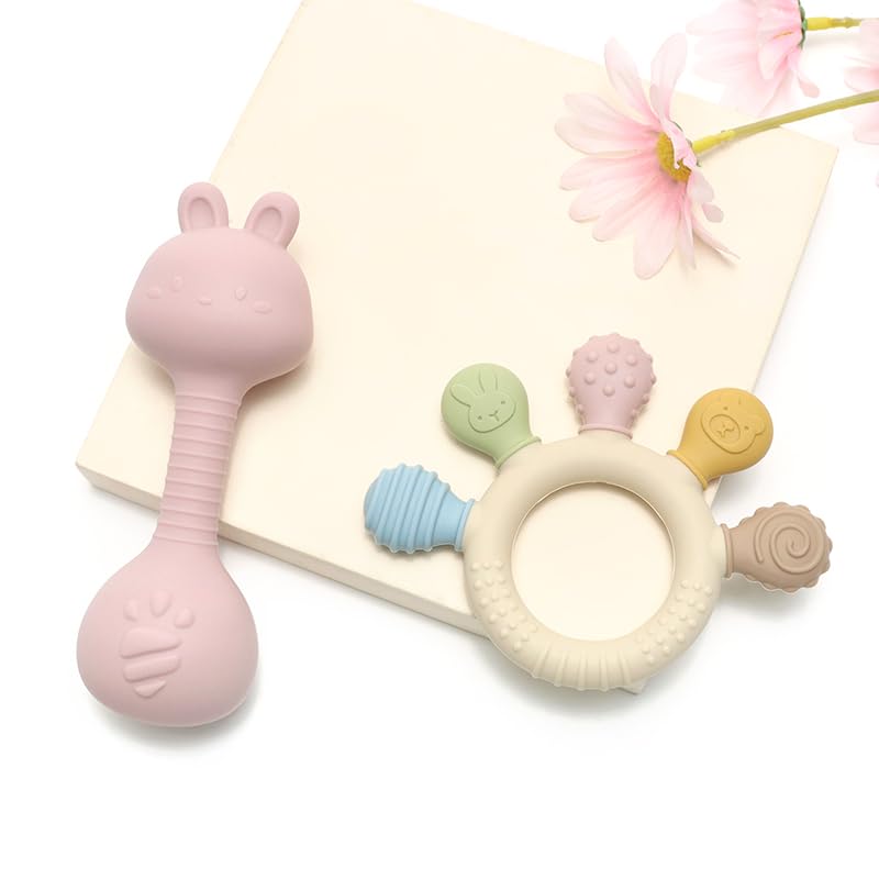Neoberry Baby Teether and Rattle Toy Set, BPA-Free, Food-Grade Silicone, Easy-Grip Teething Rattle for Babies, Soothing Teething Toy, Infant Sensory