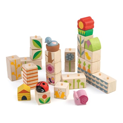 Tender Leaf Toys - Garden Blocks - 25 Pieces Decorative Garden Themed Wooden Stacking Blocks with Peg - Building Blocks, Hand-Eye Coordination