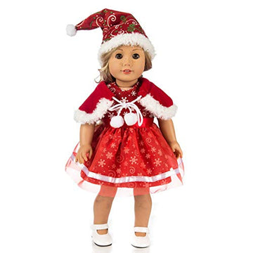 TianBo 3pc Christmas 18 Inch Doll Clothes Red Color Including Snowflake Hat Shawl Dresses Outsuits for Girl Doll and Other 18 Inch Girl Dolls