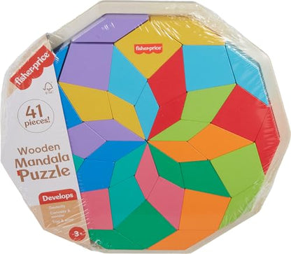 Fisher-Price Wood Preschool Toy Mandala Puzzle with Geometric Design, 41 Wooden Pieces for Kids Ages 3+ Years