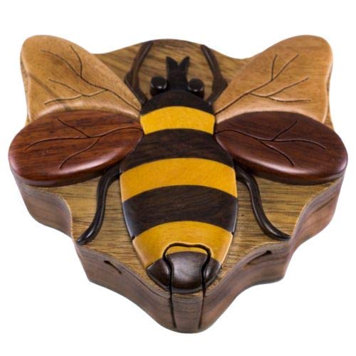 Wood Intarsia Bee Puzzle Box - Handcrafted Wooden Secret Compartment Keepsake Box, Exotic Hardwood Gift for Men & Women, Unique Decorative Bee Art