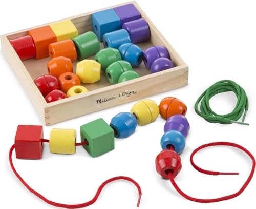 Melissa & Doug Primary Lacing Beads - Educational Toy with 30 Wooden Beads and 2 Laces for Toddlers, Fine Motor Skills Lacing Toys for Toddlers and