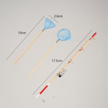 1/12 Miniature Fishing Pole and Nets Dollhouse Decoration Accessories Mini Fishing Rod Mini Fishing Net Miniature Garden Beach Pond Accessories