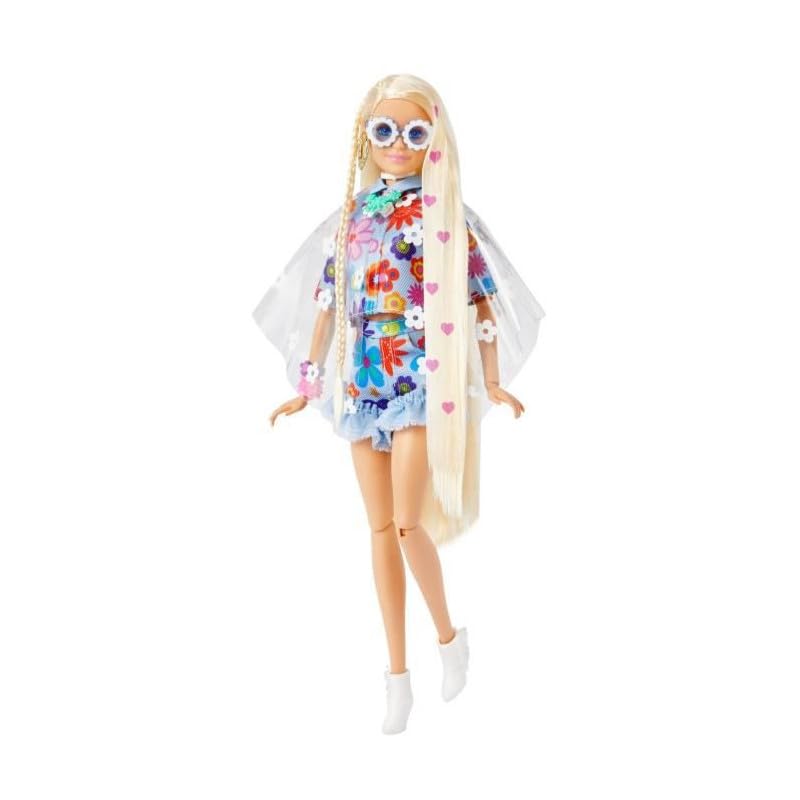 Barbie Extra Doll and Accessories with Extra-Long Blonde Hair Wearing Floral Outfit & Poncho with Pet Bunny