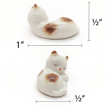 WitnyStore Tiny 1" White Brown Pointed Shorthair Cat Sleeping Curled Figurine - Miniature Hand Made Painted Ceramic Cats Kitten Feline Animal Cute