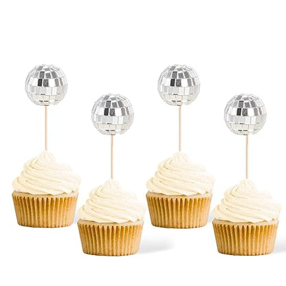 Gexolenu 24 Pcs Disco Ball Cupcake Toppers, NO DIY Silver Disco Ball Cupcake Picks Centerpiece Decor for Disco Theme Party 70's Disco Cake Birthday