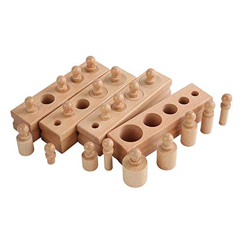 Adena Montessori Wooden Small Cylinders Block, Knobbed Cylinder Socket, Sensorial Educational Tools Preschool Early Learning Toys for Kids, Set of 4
