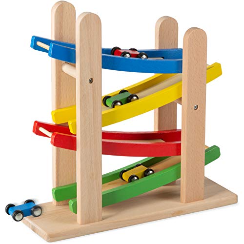 Play22 Wooden Car Ramps Race - 4 Level Toy Car Ramp Race Track Includes 4 Wooden Toy Cars - My First Baby Toys - Toddler Race Car Ramp Toy Set is