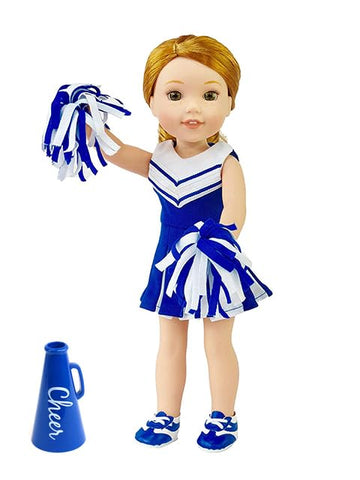 American Fashion World Blue Cheerleader Outfit for 14.5 Inch Dolls - Includes Dress, Underwear, Sneakers, Pom Poms & Megaphone