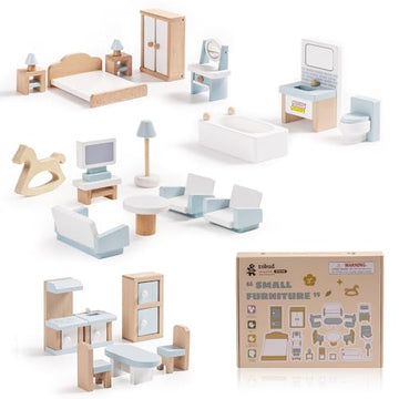 ROBUD Wooden Dollhouse Furniture Set, 23 Pcs Dollhouse Accessories, Miniature Furniture Including 5 Room Kits, Dollhouse Furniture Pretend Play Toys