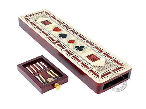 House of Cribbage - 3 Track Continuous Cribbage Board Inlaid in Maple Wood/Bloodwood - Size: 12.5 Inch - Wood Inlaid Card Symbols (Suits) + Storage