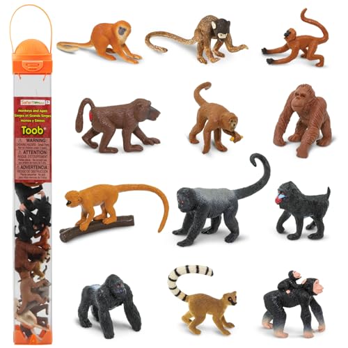 Safari Ltd. Apes & Monkeys TOOB - 12 Figurines: Baboon, Orangutan, Tamarin, Lemur, Gorilla, Mandrill, Chimp, Squirrel, Spider, & Woolly Monkeys