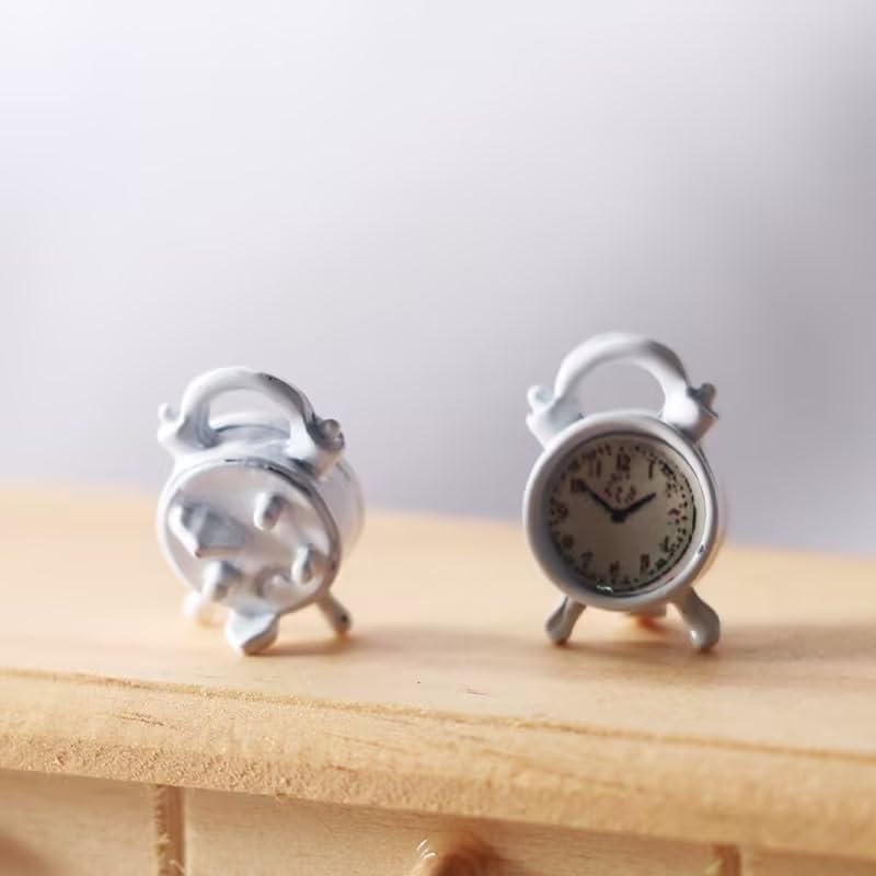 Miniature Alarm Clock 1/12 Scale, Tiny Silver Decor for Dollhouse, Diorama Props, Model Displays and Miniature Room Accessories (0.4x0.6 Inch)